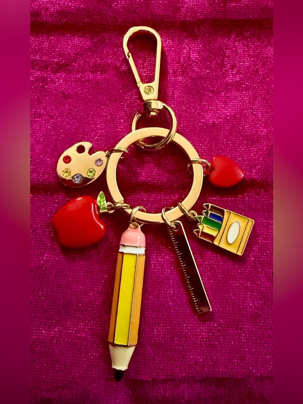 Gold-Tone School Charm Keychain with Red Apple & Yellow Pencil